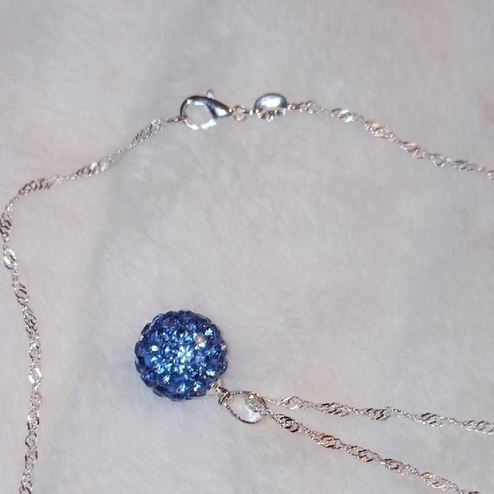 Silver Chain Necklace with Blue Crystal Ball Pendant